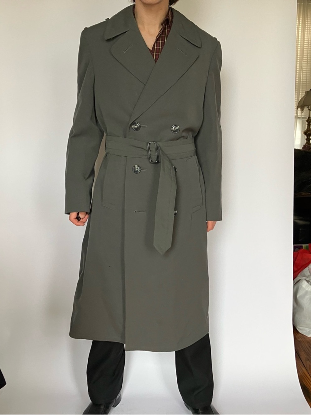 Olive Green Double-Breasted Trench Coat with Belt